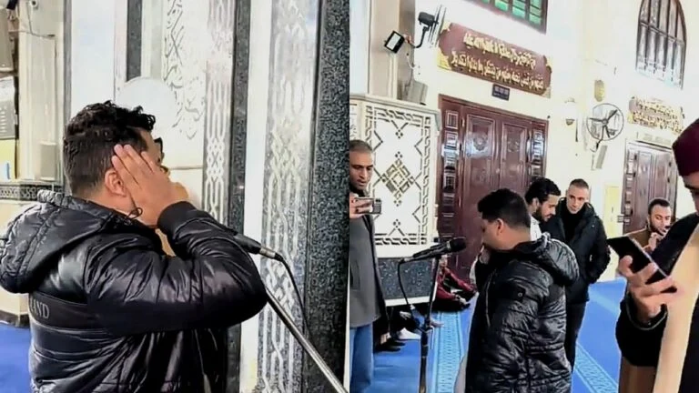 “فيديو”فنان مغربي معتزل يؤدي الأذان بطريقة الحجازي بأحد المساجد المصرية